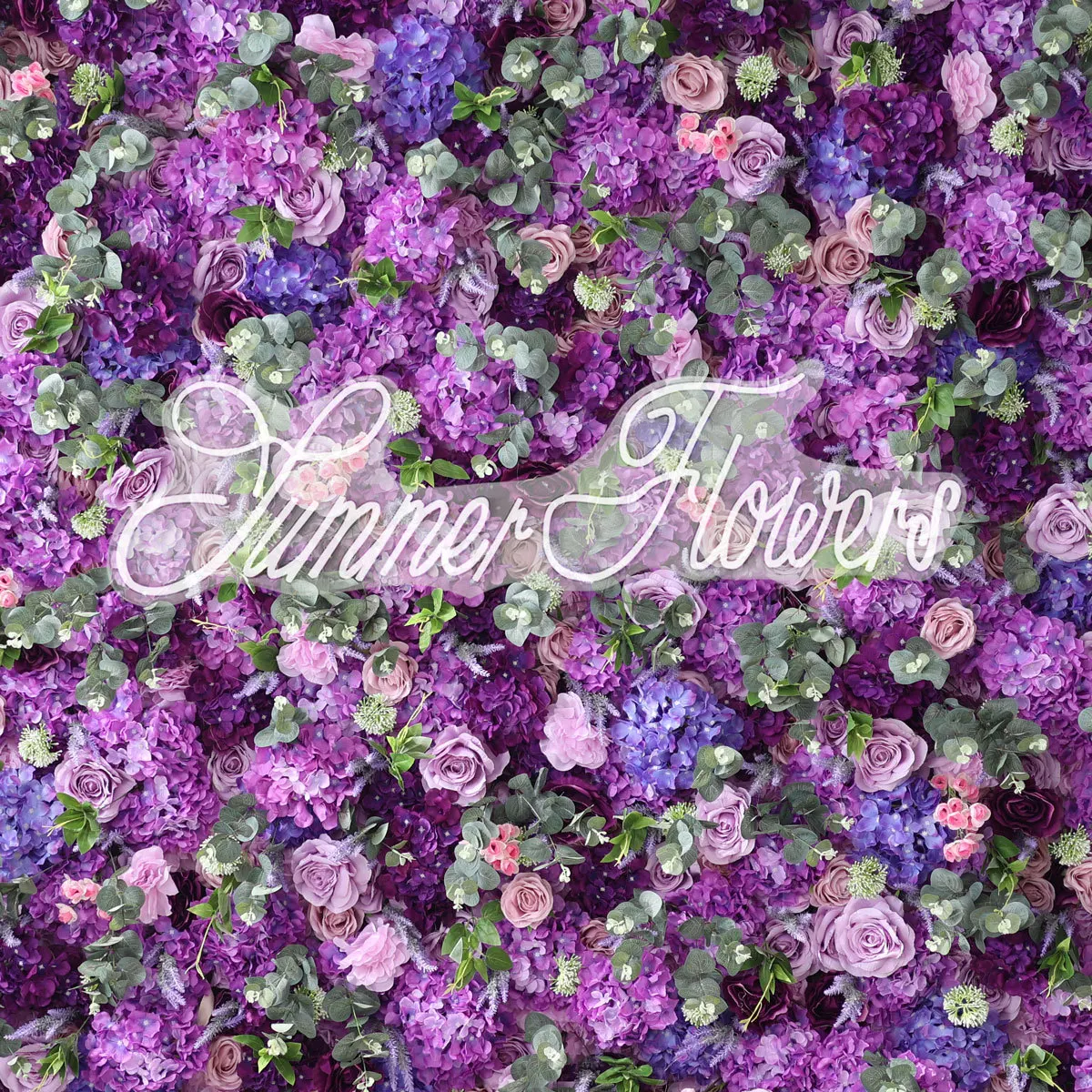 8ftx8ft Fake Green Leaf 3D Hydrangea Purple Blue Flower Wall Backdrop Artificial Fabric Roll Up Flower Wall for Wedding Decor