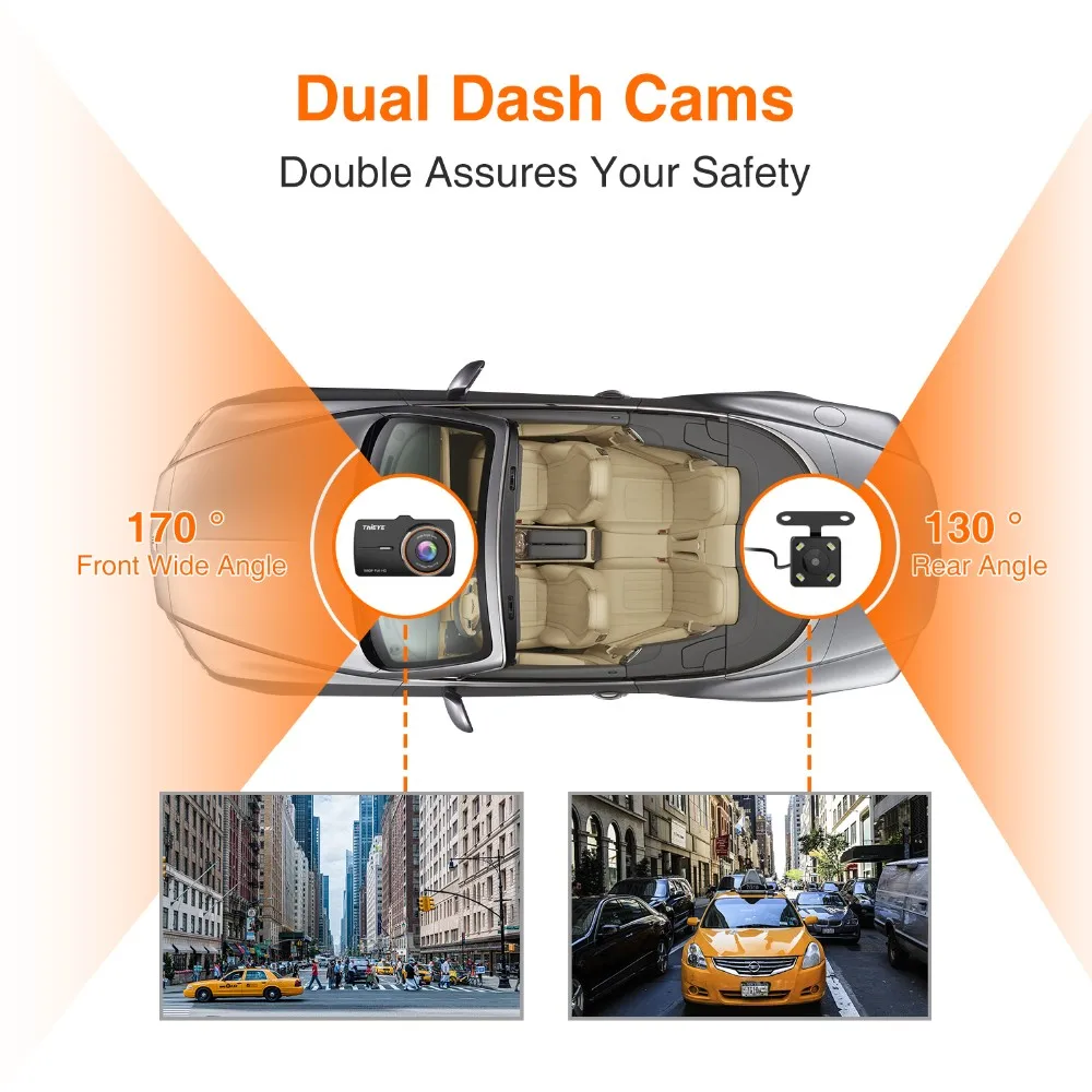 Car DVR with Motion Detection, Car Camera Real 1080P Full HD Front Camera Dual Lens Car Recorder Dash Cam