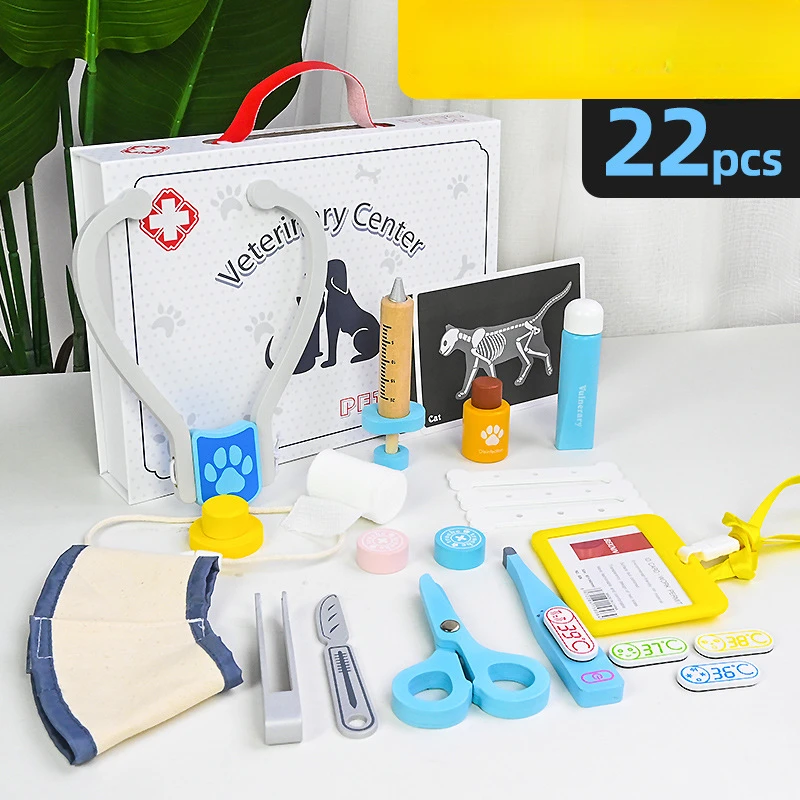 Wholesale Wooden Pretend Play Toys Veterinary Medical Kit for Kids Role Playing Doctor Toy Pet Care Set Educational Toys
