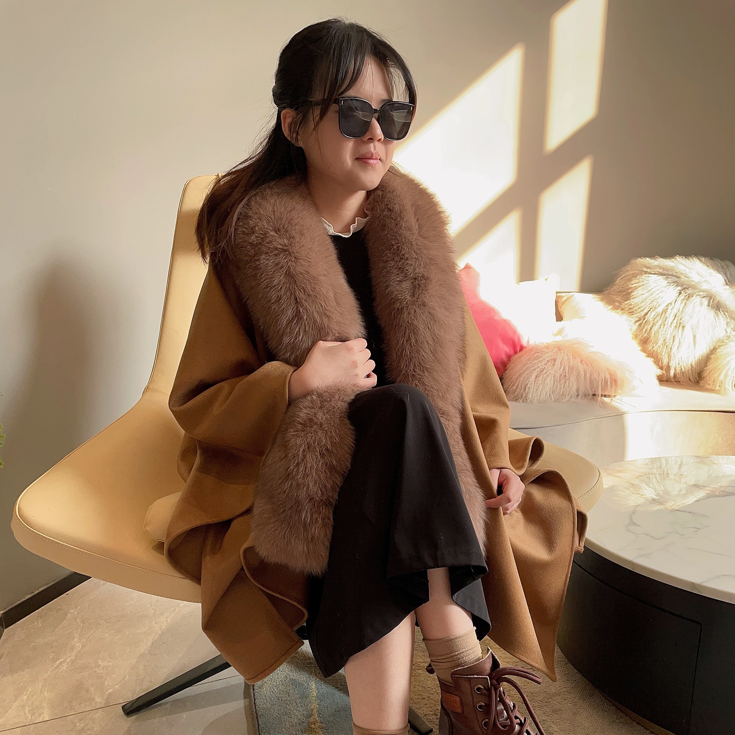 Winter Cashmere Shawls Cape  Women Fur Trim Ponchos Fox Fur Shawl