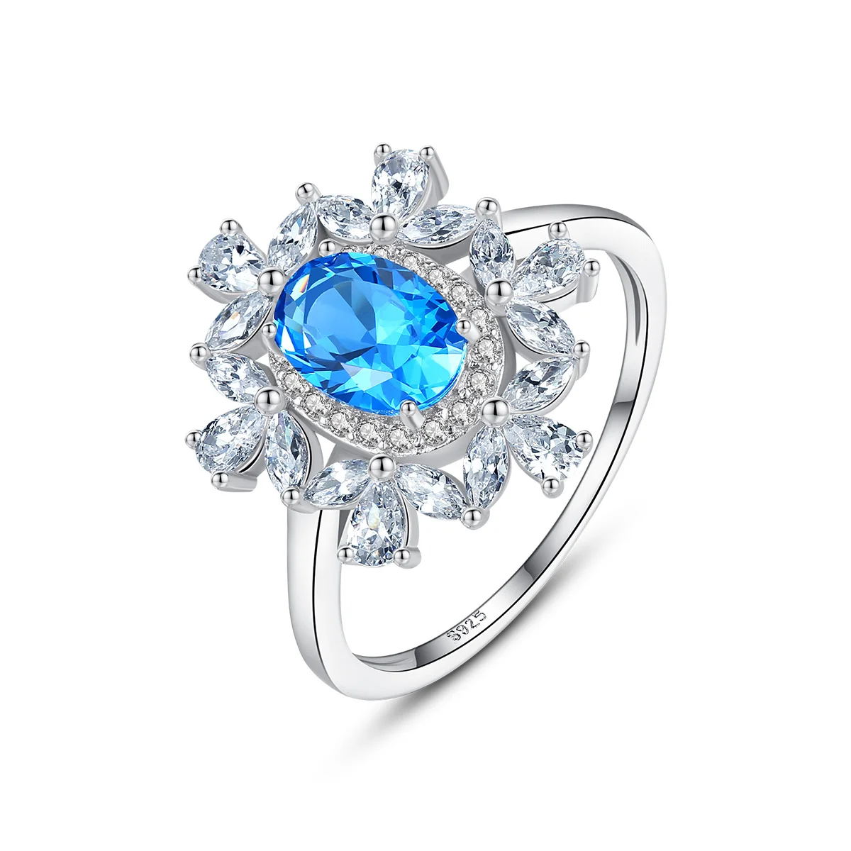 Luxury Snowflake Aquamarine 925 Silver Cubic Zirconia Blue Topaz Wedding Engagement Banquet Ring For Woman