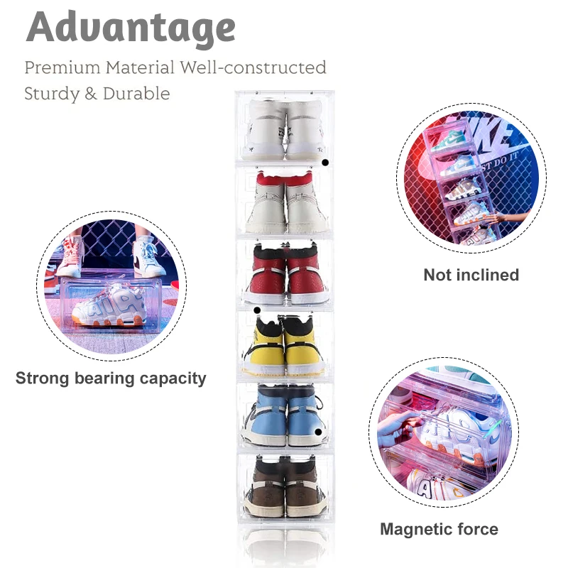 SENNIU Wholesale Transparent Plastic Sneaker Stackable Shoe Storage Boxes Drop Front Acrylic Drawer Type Magnetic Clear Shoe Box