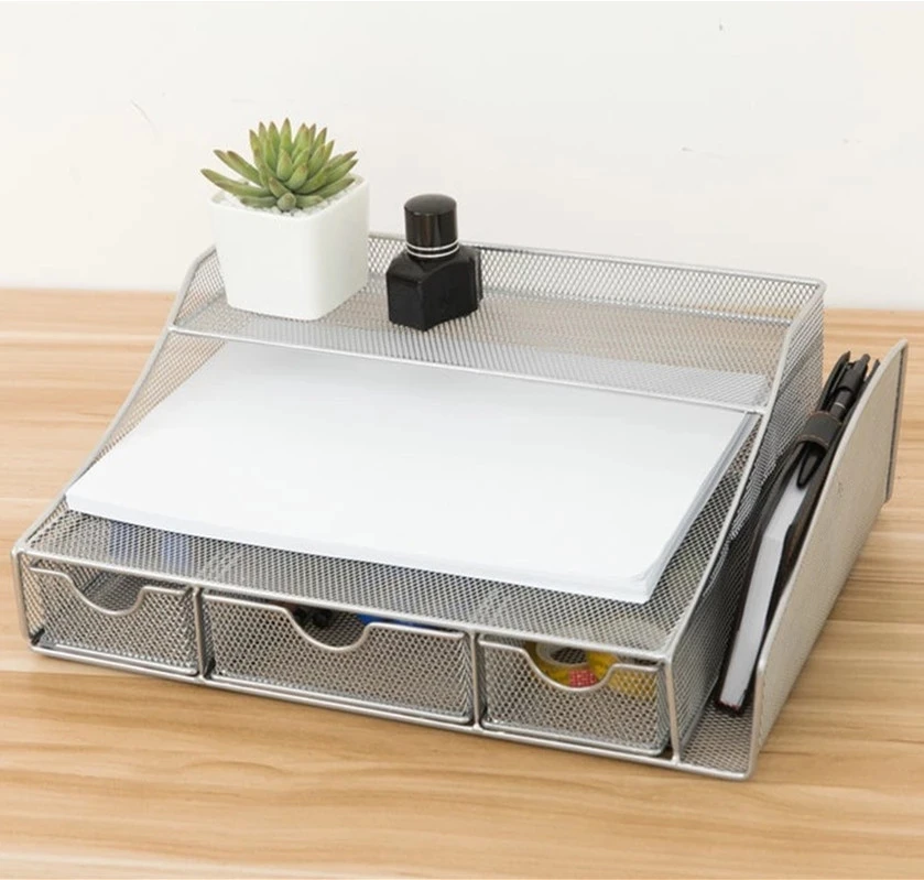  Multi-function Metal Mesh Desk Organizer Stationery Holder with Sliding Drawers Double Tray Side Compartment for Office