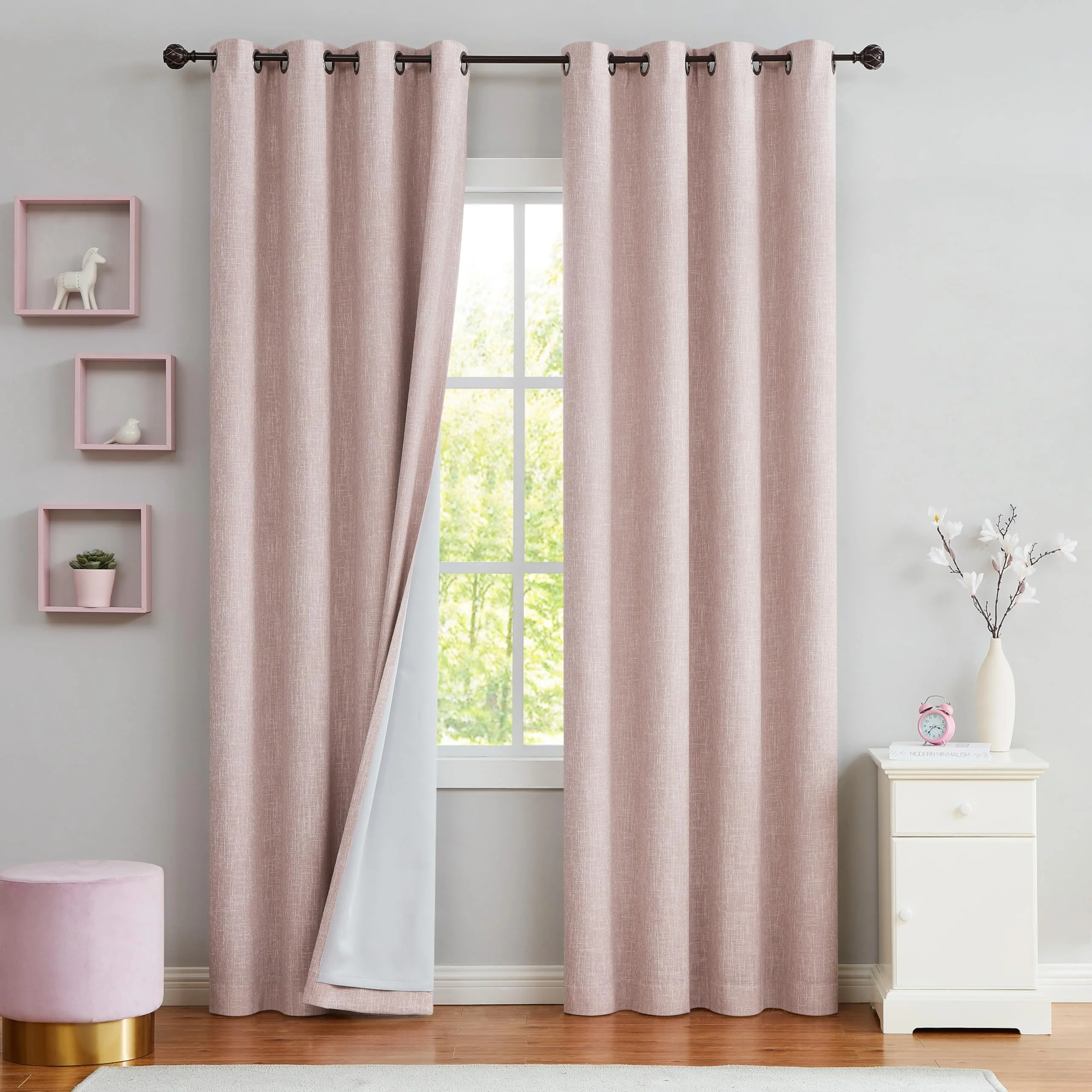 Bindi Pink Full Blackout Curtains Heavy Linen Texture Thermal Insulated Noise Reduction Window Treatment Drapes For Bedroom