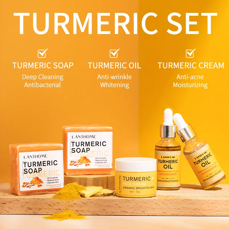 Wholesale Skincare Tumeric Products Cosmetic Dark Spot Removal Anti Wrinkle Acne Turmeric Skin Care Kit Set With Oil Soap Cream