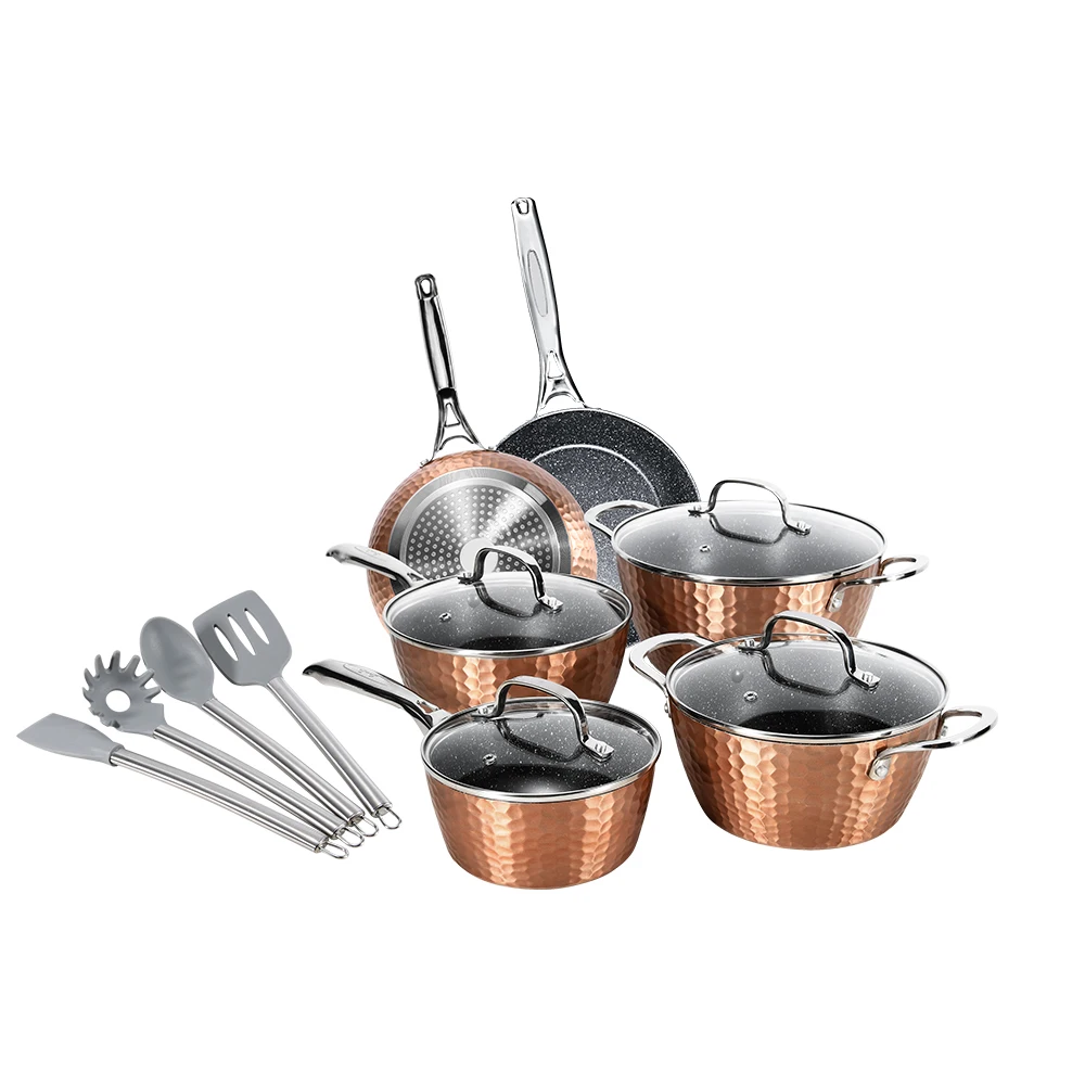 2021 latest high-quality copper-colored cooking pot aluminum cookware set aluminum pot set non stick pan