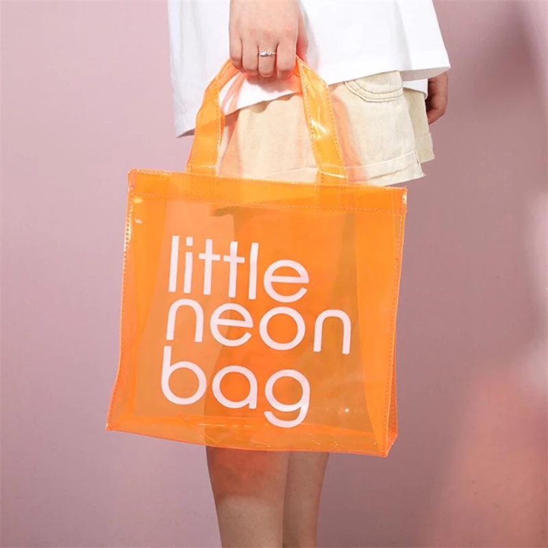 Fashion neon jelly color big waterproof clear transparent PVC purse beach tote bags for women handbags