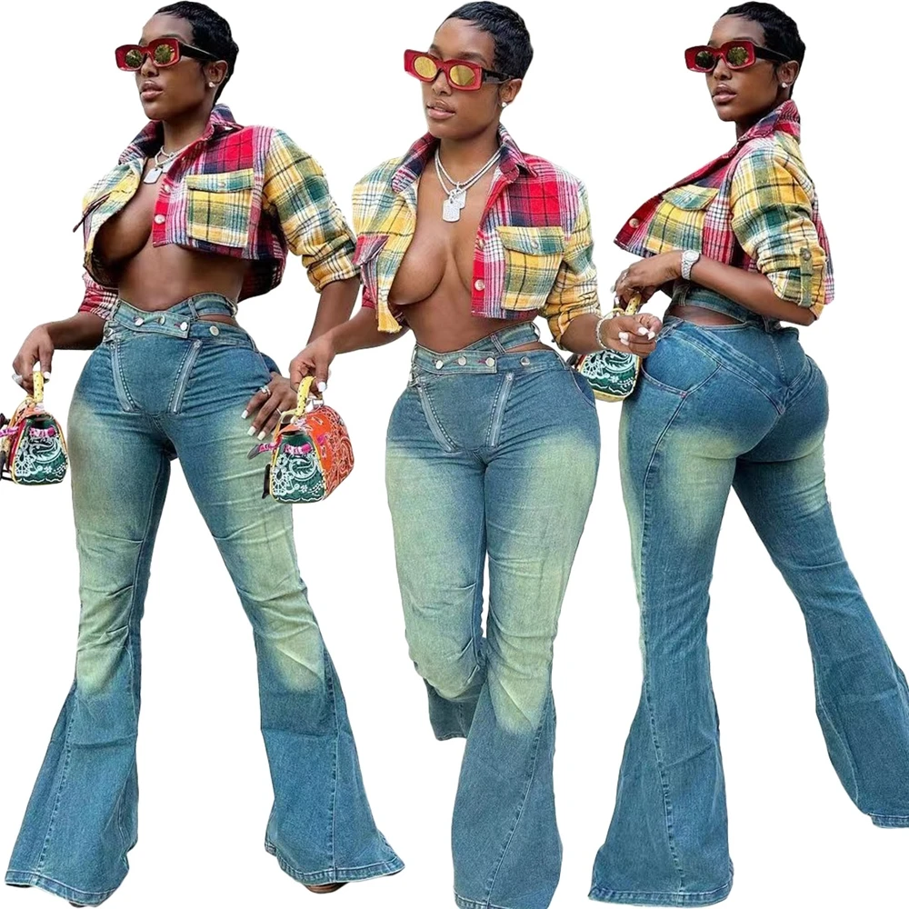 2023 New Arrival Women Fall High Waist Fashion Jeans Pants for Women Pockets Stretchy Denim Flare Jeans Womens