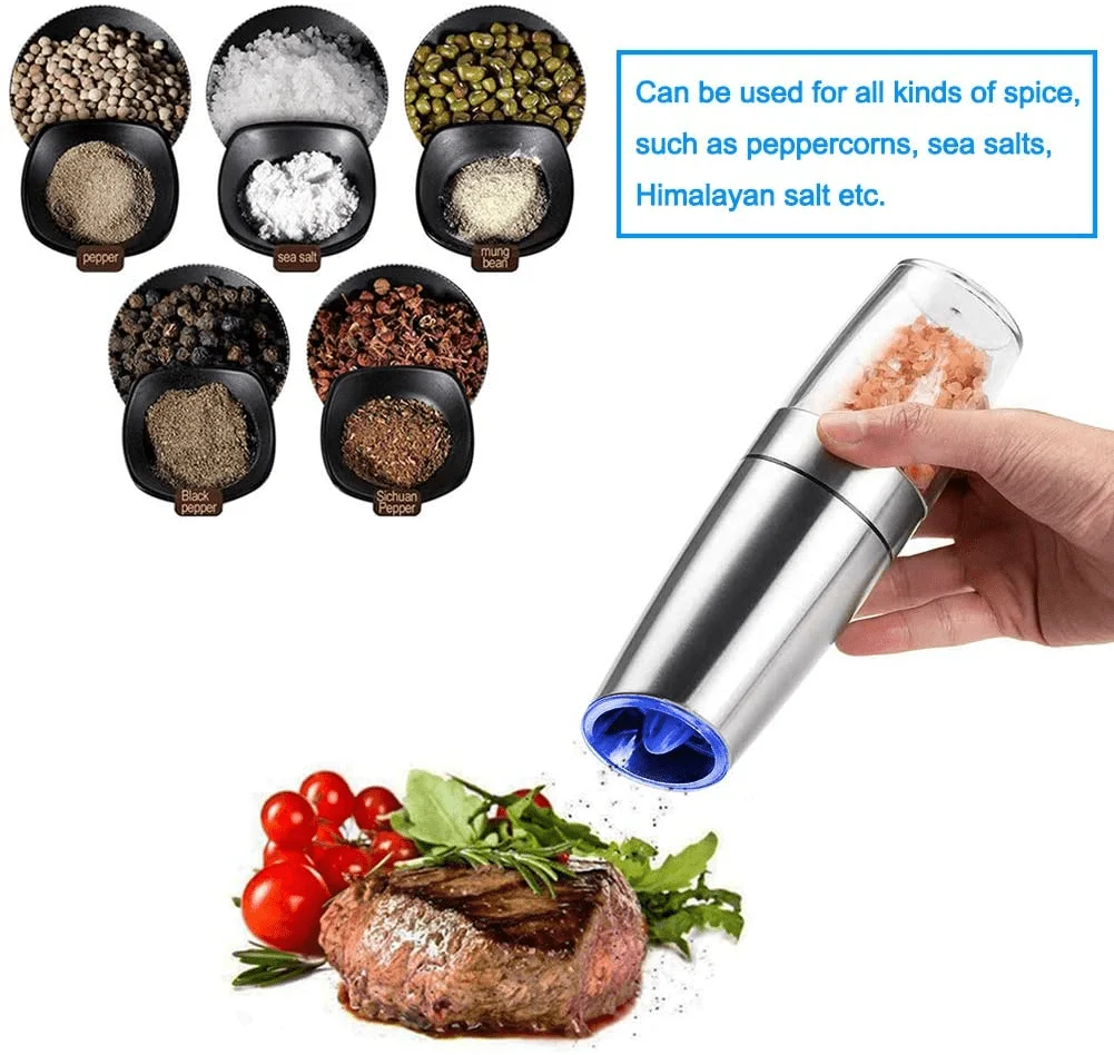  Battery Electric Operated Spice anti gravity Salt and Pepper Grinder Set Mill with LED Light MILLS Stainless