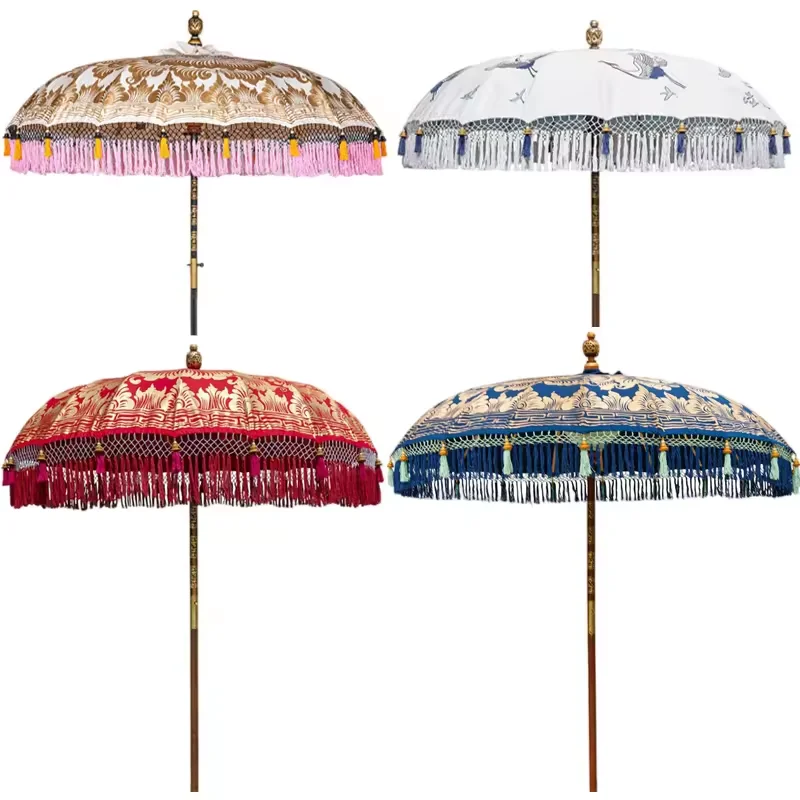 Custom Hand-tailored Vintage London Fringed Garden Sun Parasol Preimum Wooden pole Outdoor Terrace Porch Patio Table Umbrella