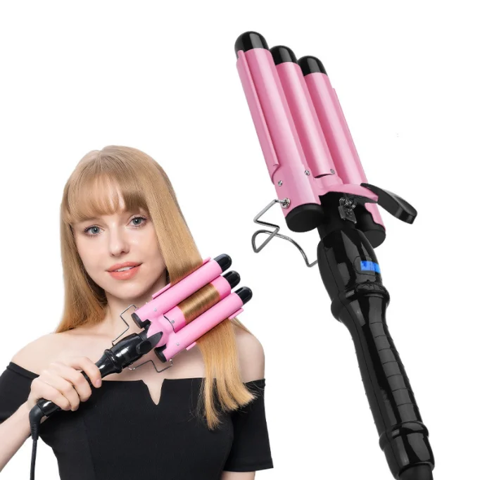 3 Barrel curling iron 25mm hair waver egg roll head large pink crimple with LCD display curling iron
