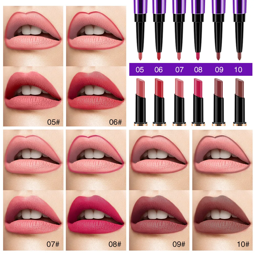 16 Colors Purple Glitter Double Head Lip Makeup Lipstick Long Lasting Matte Waterproof Lip Liner Lipstick Private Label