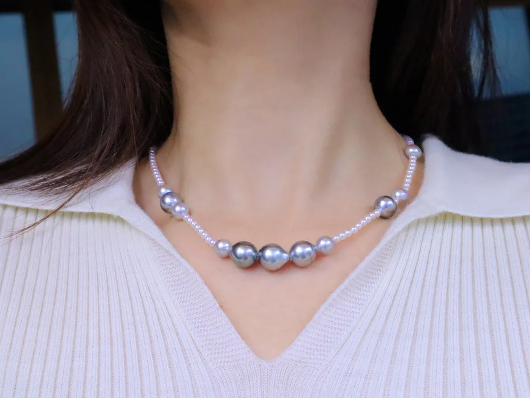 Non adjustable length 43cm strong light with slight flaws seawater Baroque necklace 9-10mm Tahitian Akoya pearl necklace