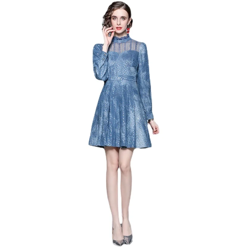 TS33720115 Stand-up collar, long-sleeved, see-through mesh, and received waist puffy pentagram denim dress
