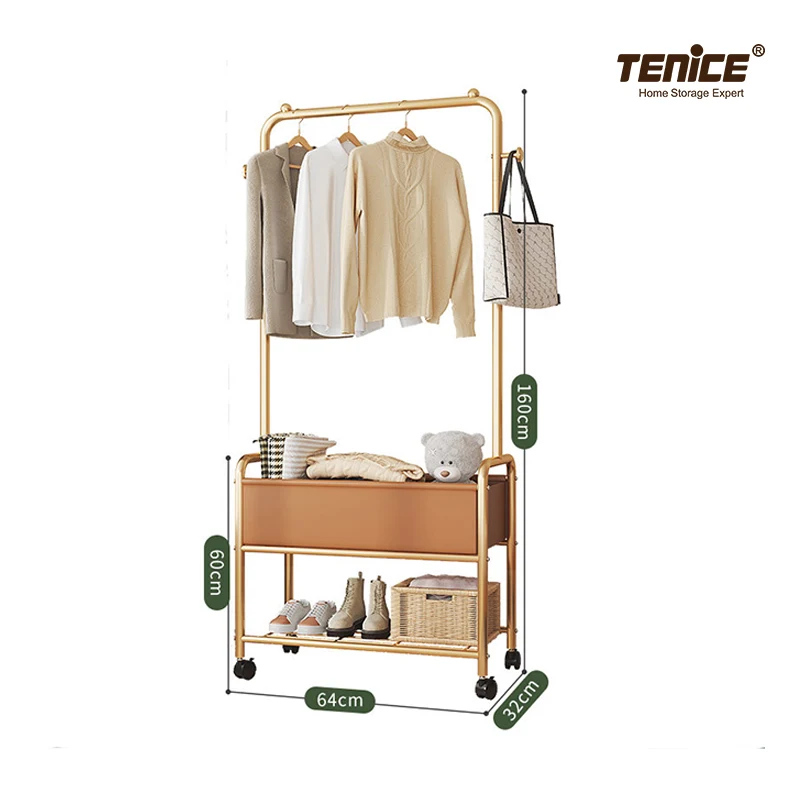Tenice 2 tier Free Standing Metal Clothing Hanging Shelf Garment Rack With 1 Storage Basket 4 wheels for home organization