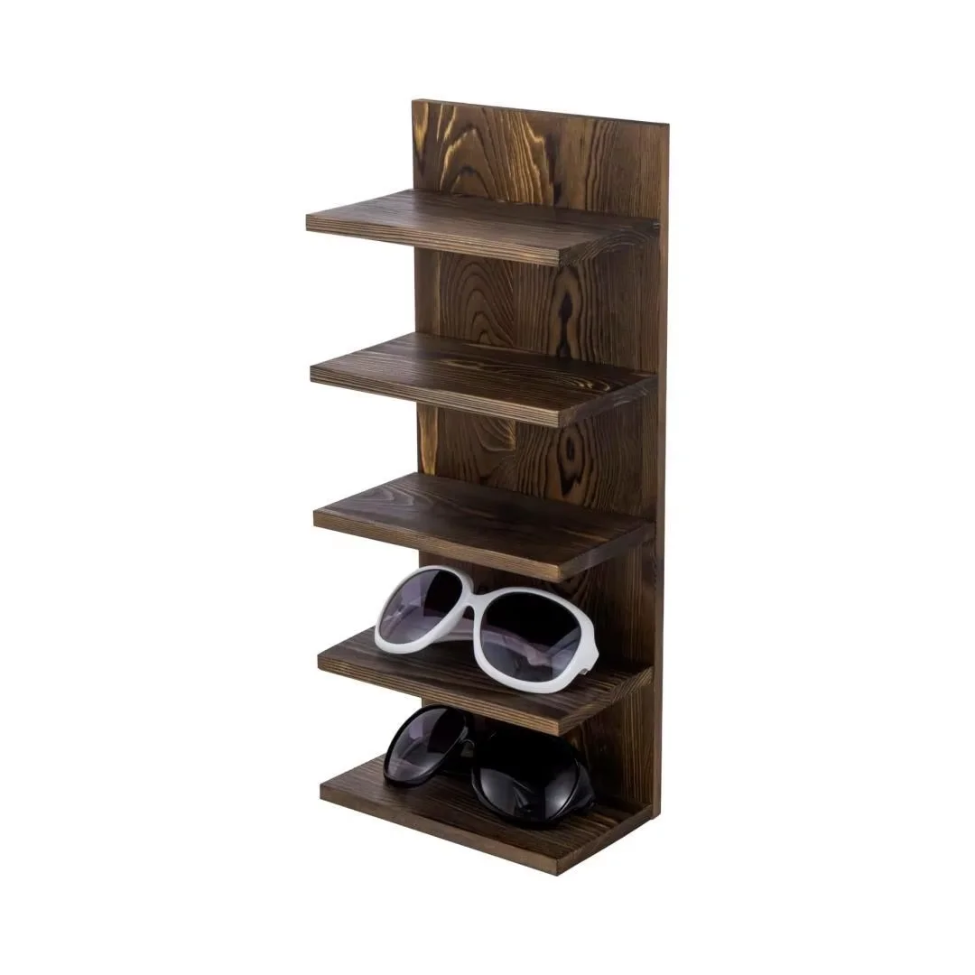 5-layer rustic burnt solid wood wall mounted glasses display and storage rack