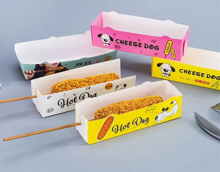 Takeaway printed korean corn dog food packaging container hot dog paper trays snack box