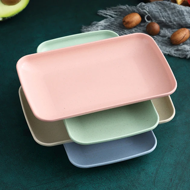 Square wheat straw fiber biodegradable food grade plastic household kitchen party fruit serving dishes plates set for picnic