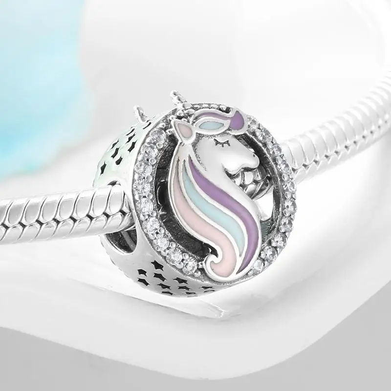 Real 925 sterling silver Enamel Colorful Unicorn Patron saint Clear zircon Beads Charms for Bracelets Jewelry making Hot Sale
