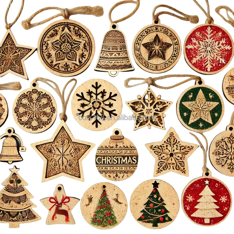 Custom Party Cork Gift Christmas Tree Decoration Wooden Hanging Pendants Ornaments