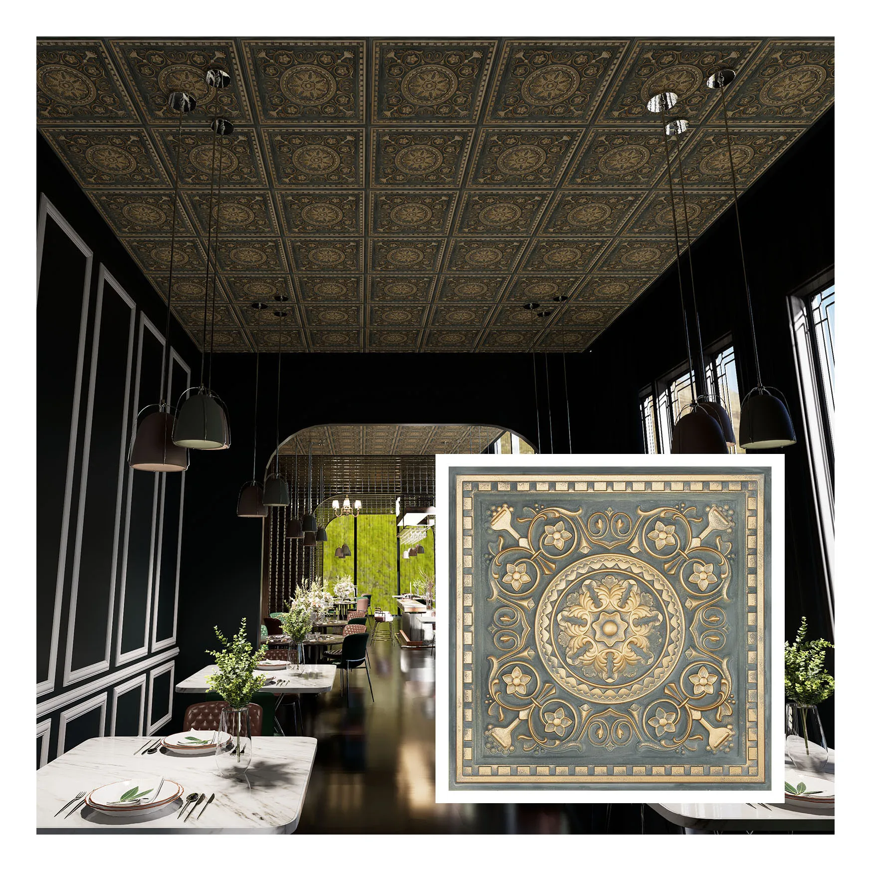 Chalk painted ceiling tiles, Embossed wall panels, for Flower Boutique PL83