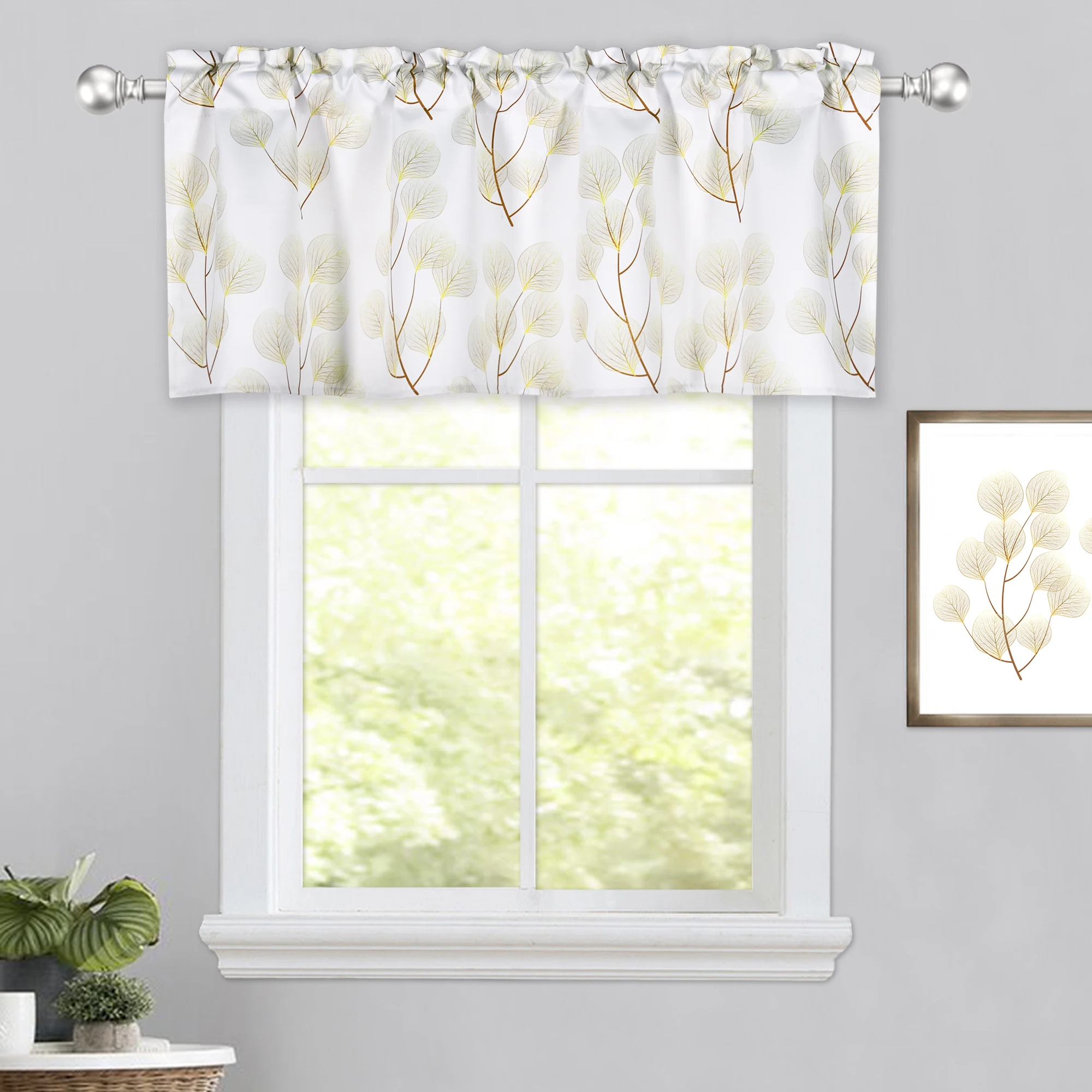 Gold Tree Branch Leaves Printed Valance 1 Piece/Pack 100% Polyester 52 x 18 Inch Rod Pocket