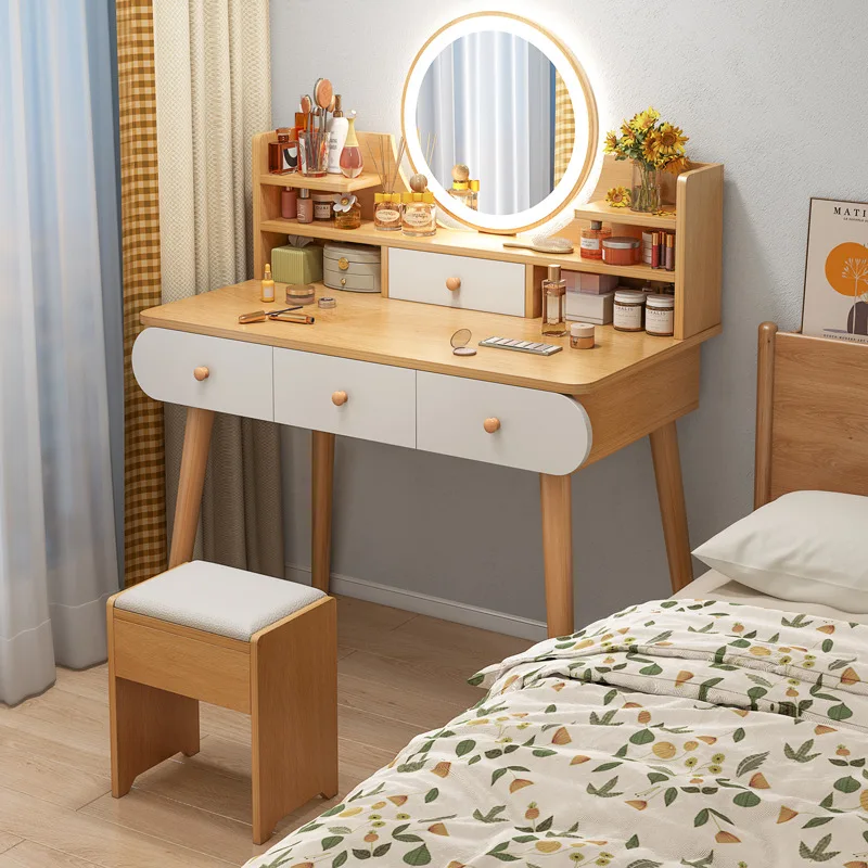 Hanyee LED Light Dressing Table Solid Wood Legs Mirror Drawers Cheap Price Makeup Vanities Bedroom Hotel Furniture Wholesale