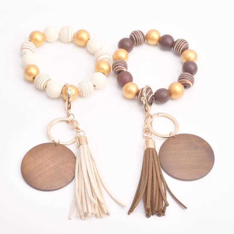 Colorful Silicone Wood Bead Wristlet Keychain Retro Bracelet Bangle Tassel Wristbands Keychain