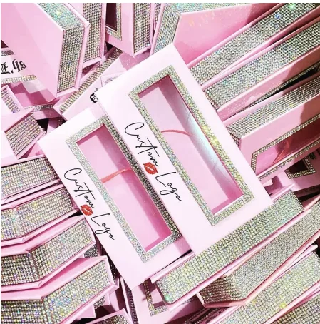 Customize Eyelash Packaging Wholesale Bulk 25mm Pink Lashes Case Glitter Diamond Eyelashes Package Custom Logo Lash/Nail Box