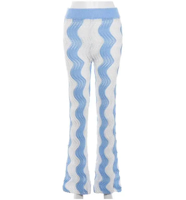 STOCK 4Colors Fashion Women Crochet Clothing Fall Sexy Hollow Out Wavy Patchwork High Waist Knitted Wide Leg Pants