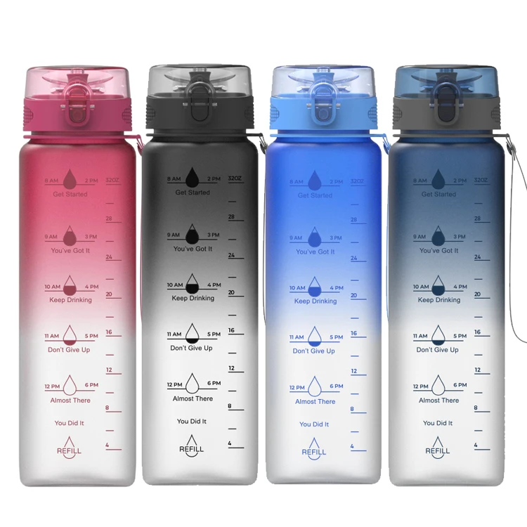 Frosted Tritan Plastic Bottle 1 Liter 32 Oz Motivational Water Bottle With Time Marker Reminder