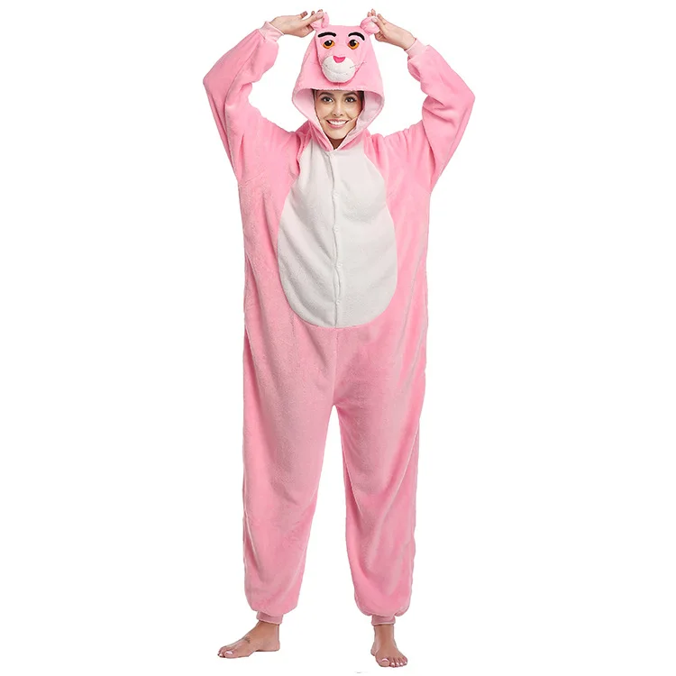 2021wholesale new flannel onesie pajamas cartoon pajamas 3D pink panther lovely animal pajamas set
