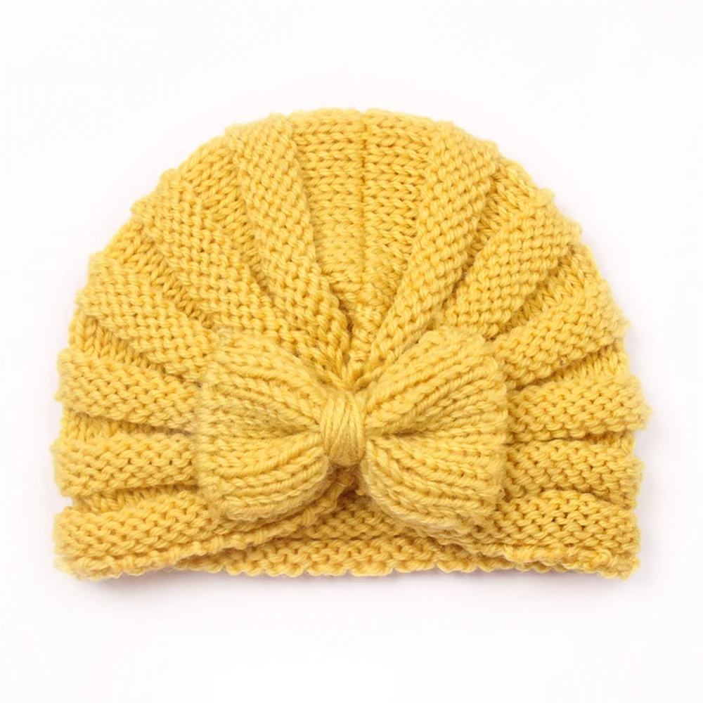 Wholesale Newborn Baby Girl Winter Solid Color Warm Knit Beanie Hats with Knot