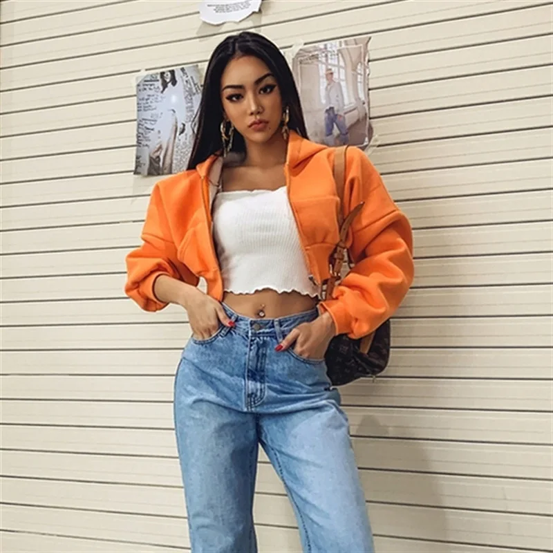 Custom Logo French Terry Streetwear Plain Tracksuit Cotton High Quality Full Zip Crop Top Hoodie For Womens Sweatshirt