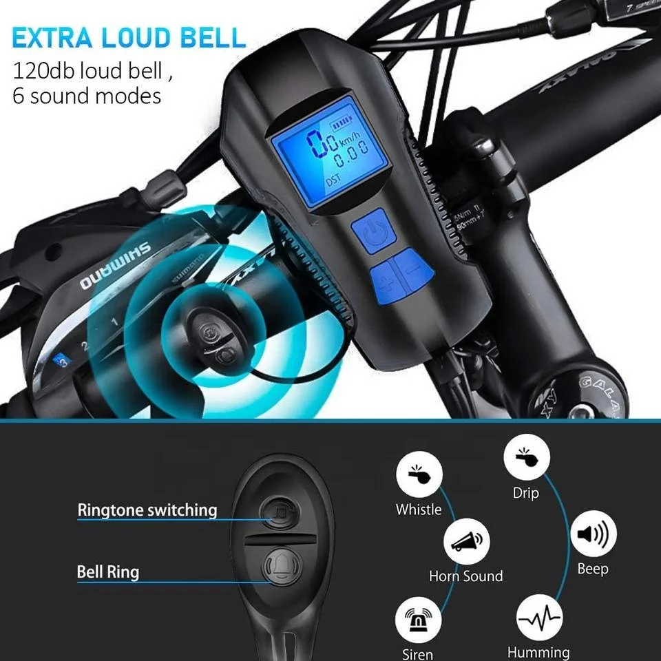 Waterproof Rainproof Speedometer Odometer Cycle Light 120db Horn Speaker LED Headlight Bike Front Light With Bicycle Computer