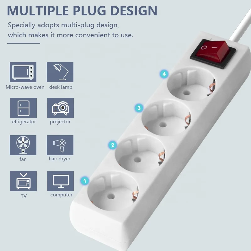 Multi-plug European standard extension power socket outlet 4way with switch hot sell electric smart eu power strip