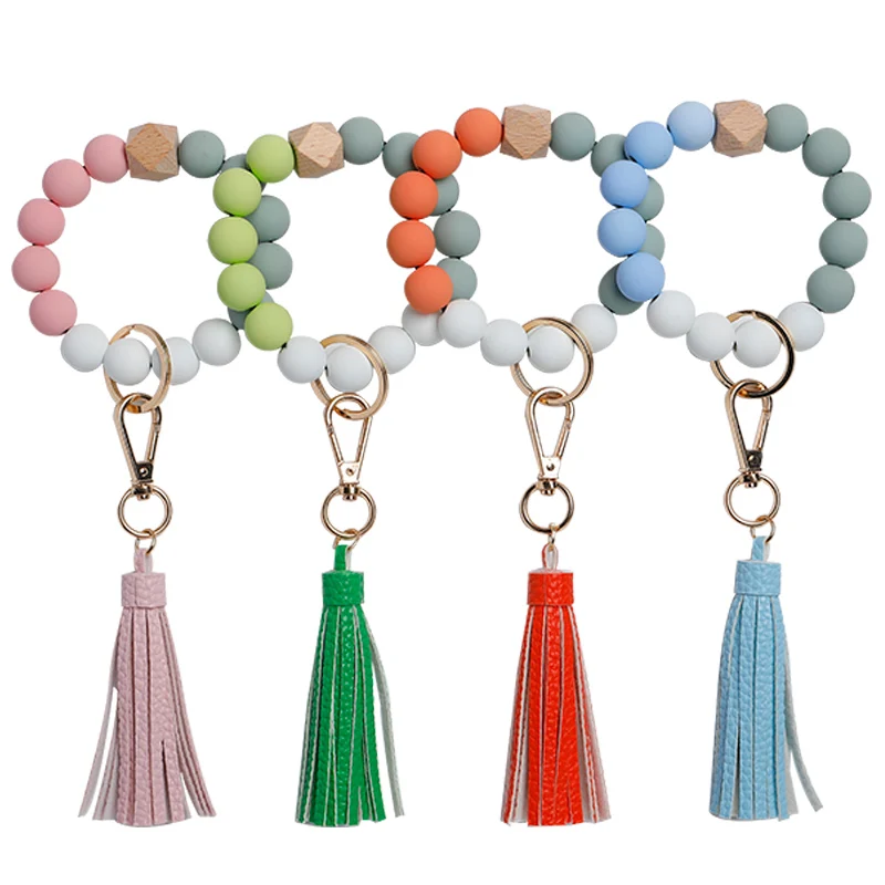 2021 Newest Acrylic Beads Bracelet Keychain Custom Wooden Beaded Tassel Wristlet Key ring