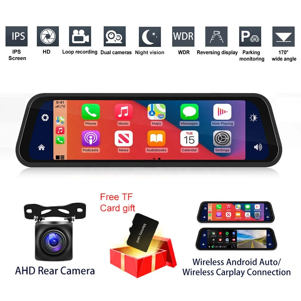 IPoster 9.66in HD CarPlay видеорегистратор Встроенный GPS зеркало со встроенным установлен 1080P видео плеер в режиме циклической записи