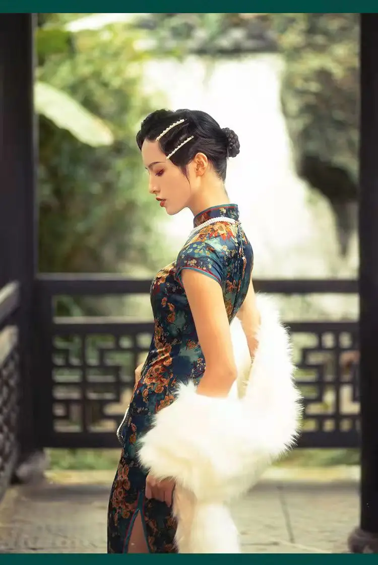 Women Sleeveless  Dress Chinese Style print Flower Cheongsam for lady party