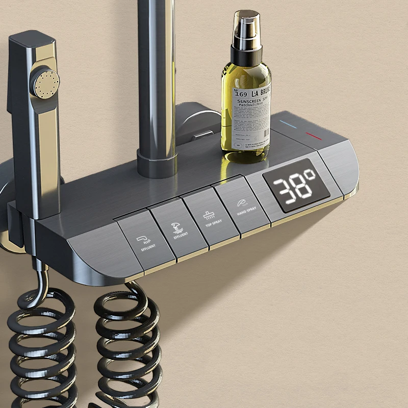 DQOK Black Gun Gray Copper Piano Shower Set 4 Functions Rainfall Shower Head Bathroom Shower System With Temperature