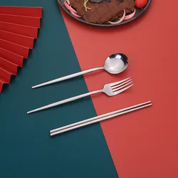 Korean Style Reusable Gold Cutlery Set besteck Color Handle Portable cutlery Travel Camping set spoon fork chopstick set