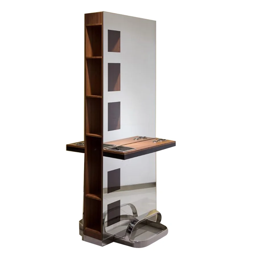 Modern design big standing full length make up vanity mirror  hair stations mirror arched salon mirrors with shelf