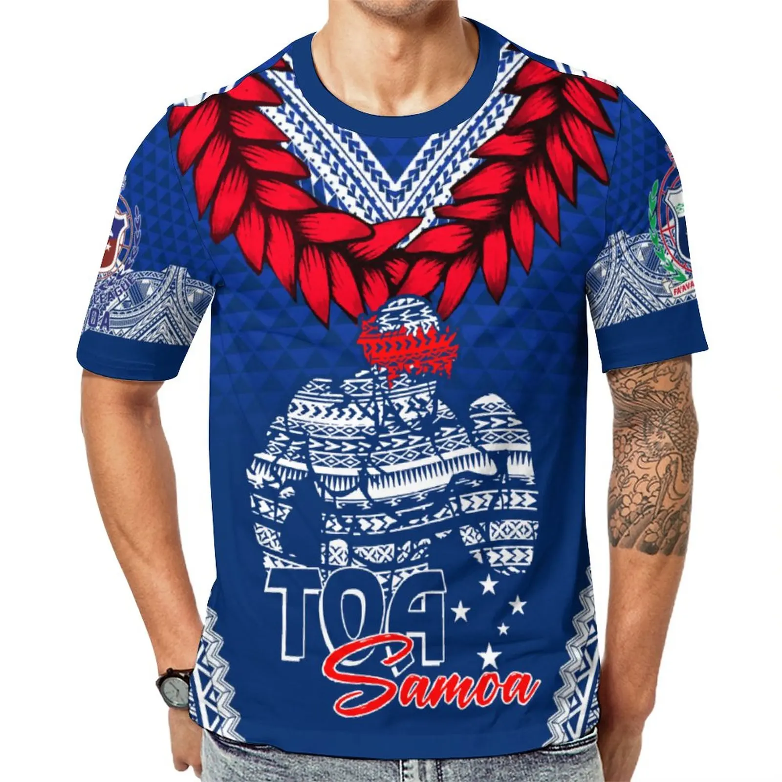 Toa Samoa T Shirts Custom Logo Blue And White T-shirts Polynesian Tribal Top Quality Short Sleeve Round Neck Blank Men Tee