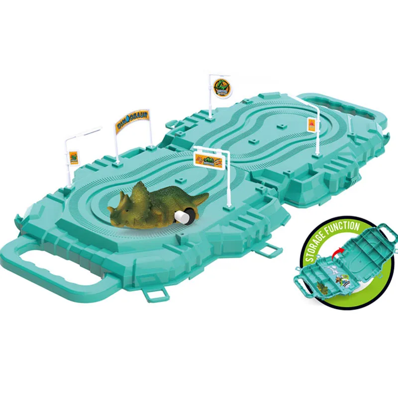 New style kids winding toy cartoon dinosaur assembled puzzle rail car dinosaur series jigsaw track wind up toys storage boxd