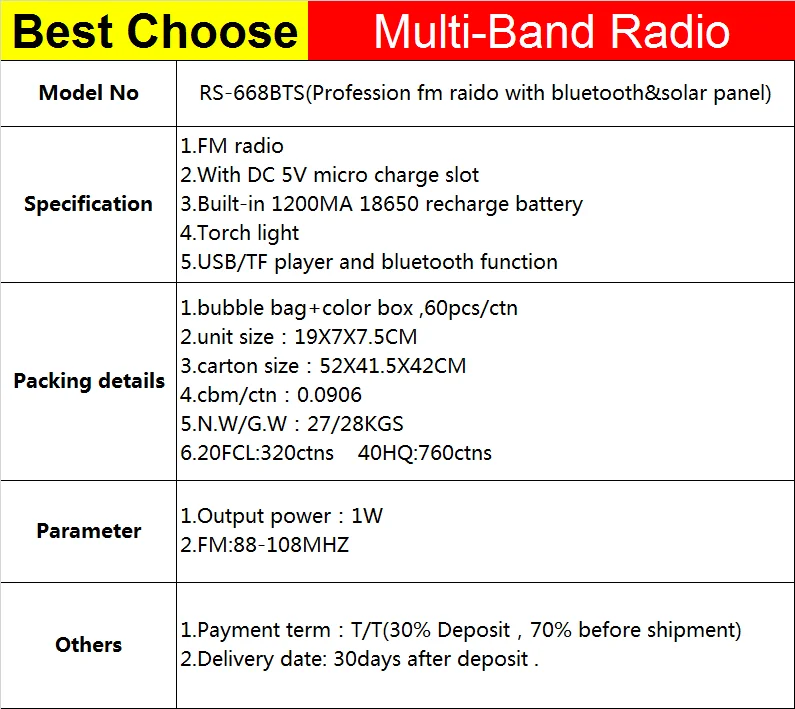 RS-668BTS Portable fm radio blueteeth speaker with colorful led light  solar panel aux in