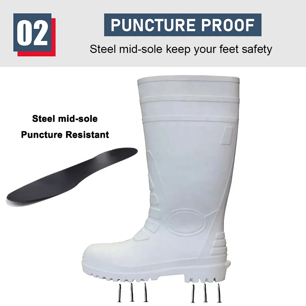 White food industry waterproof chemical resistant puncture proof plastic men pvc safety gum boots with steel toecap