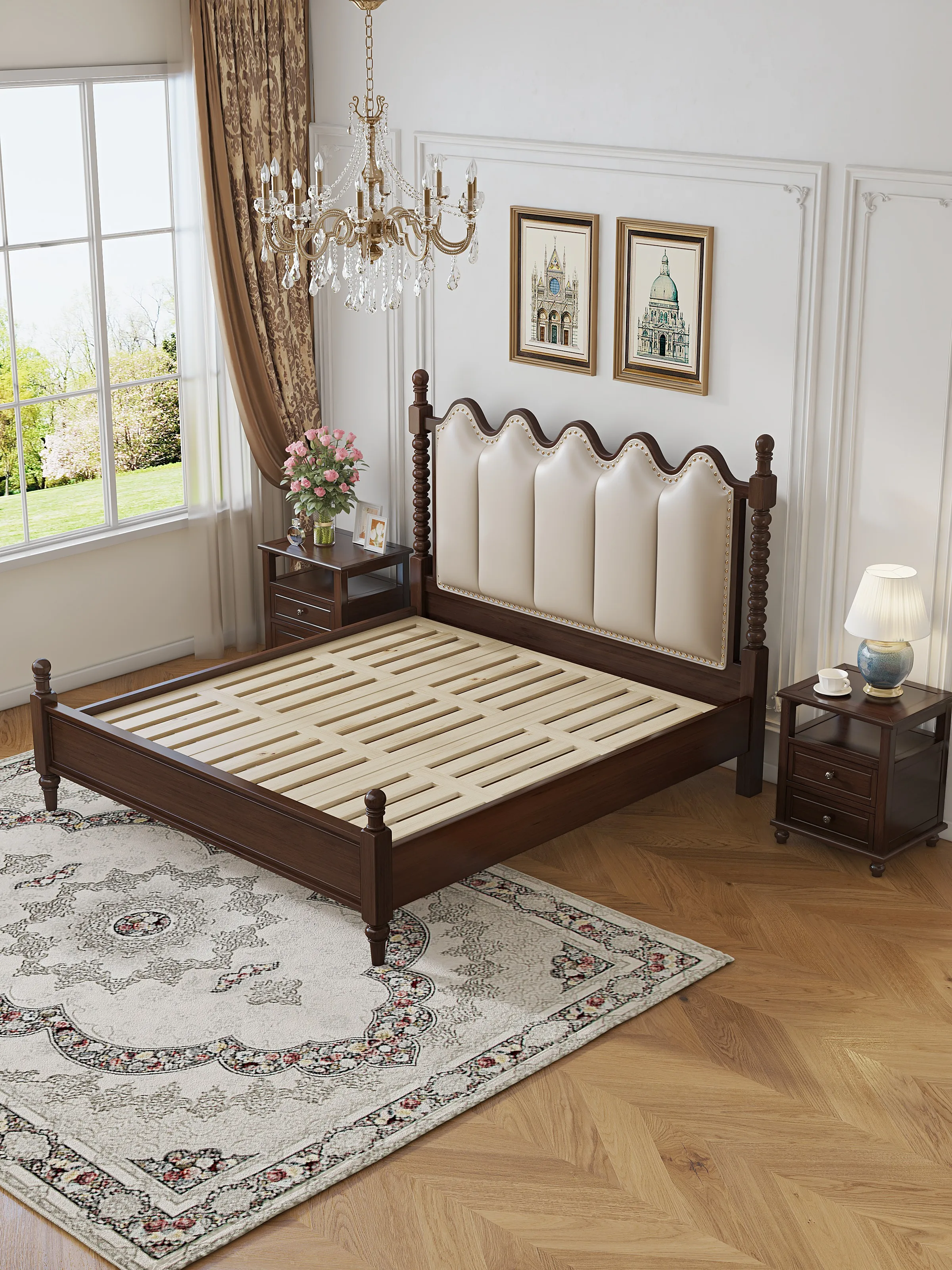 Soft American Countryside Solid Wood Bed Luxury Double Beds Furniture Classic European Queen Size Bed Frame