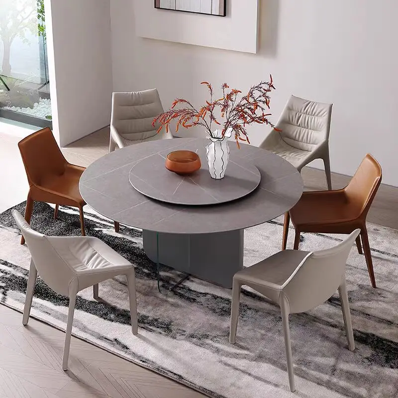 Italian very simple rock plate dining table and chair combination simple modern round table small household with turntable table