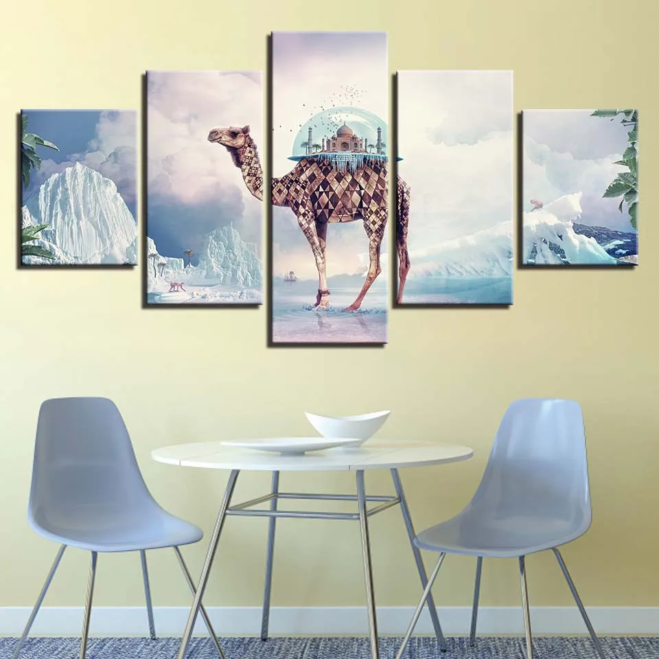 Modern Fashion Home Decoration Animal Oil Painting 5 panel Canvas Art Deer Giraffe Wall Poster For Living Room