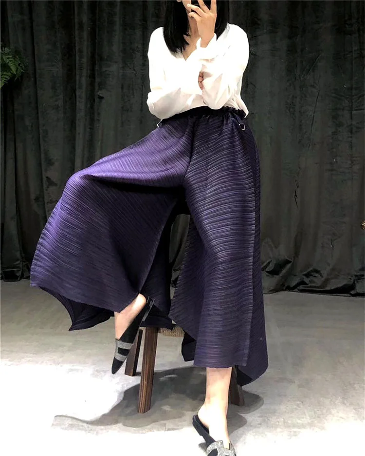 Plesfold Straight Pants Big Size Loose Waist Show Thin Pressed Pleated Wide-legged Trouser Woman
